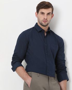 Navy Cotton Linen Plain Slim Fit Casual Shirt