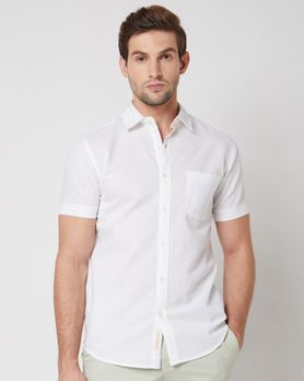 White Cotton Linen Plain Slim Fit Casual Shirt
