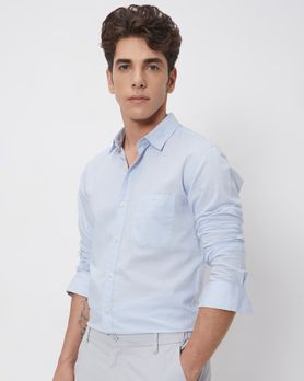 Light Blue Cotton Linen Plain Slim Fit Casual Shirt