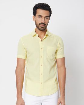 Yellow Cotton Linen Plain Slim Fit Casual Shirt