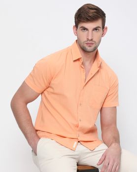 Orange Cotton Linen Plain Slim Fit Casual Shirt