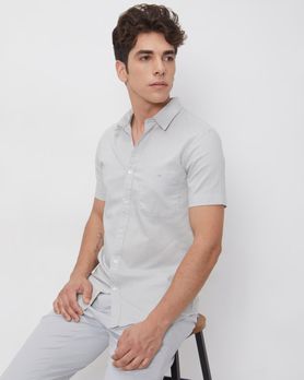 Light Grey Cotton Linen Plain Slim Fit Casual Shirt