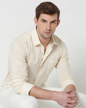 Off White Self Stripe Plain Slim Fit Casual Shirt