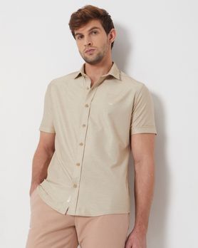 Beige Knitted Plainslim Fit Casual Shirt