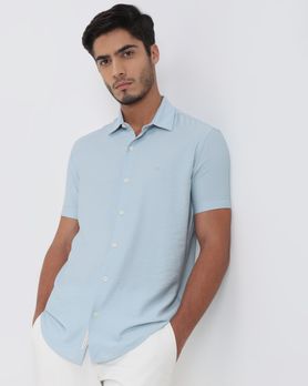 Light Blue Textured Viscose Blend Plain Slim Fit Casual Shirt