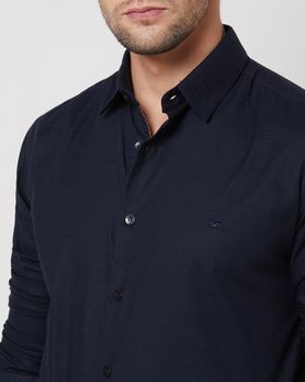 Navy Textured Plain Slim Fit Casual Shirt