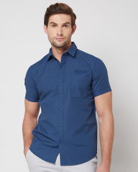 Blue Badged Plain Slim Fit Casual Shirt