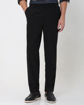 Black Relaxed Tapered Fit Single Pleated Pants Trouser