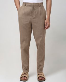 Khaki Relaxed Tapered Fit Seersucker Single Pleat Trouser