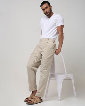 Beige Relaxed Tapered Fit Seersucker Single Pleat Trouser