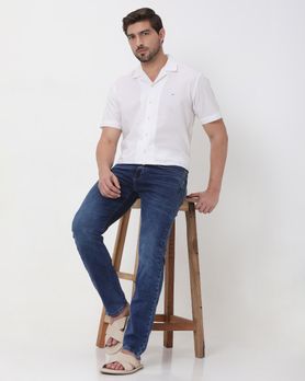 Dark Indigo Blue Relaxed Straight Fit Denim Deluxe Stretch Jeans
