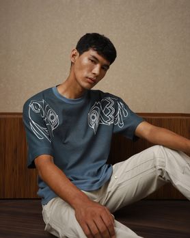 Blue Grey Placement Print Oversized Loose Fit T-Shirt