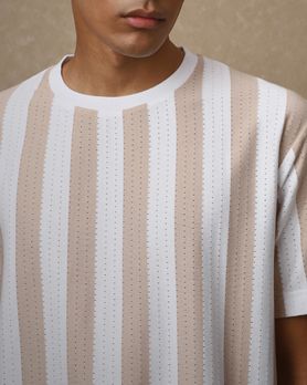 Beige Textured Stripe Oversized Loose Fit T-Shirt