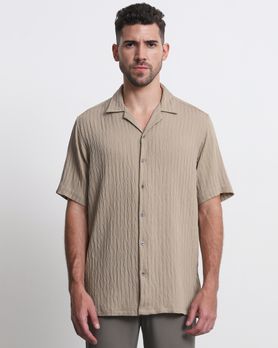 Beige Textured Plain Relaxed Fit Casual Shirt