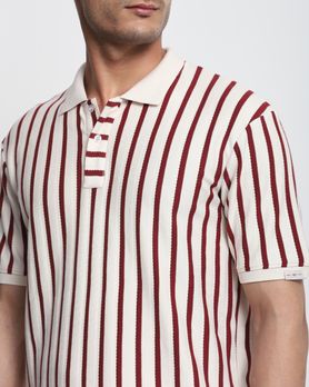 Maroon Textured Stripe Regular Fit T-Shirt