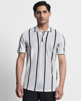White Textured Stripe Slim Fit T-Shirt