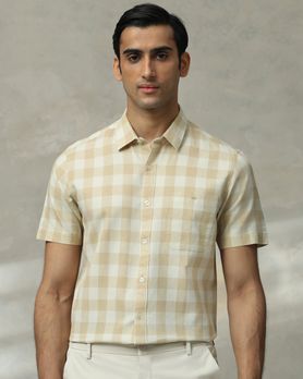 Light Khaki Square Check  Slim Fit Casual Shirt
