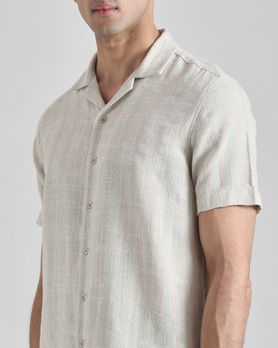Off White Textured Stripe  Relaxed Fit Casual Shirt
