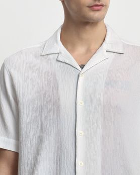 White Textured Plain  Relaxed Fit Casual Shirt