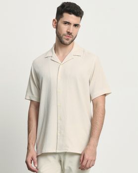 Beige Textured Plain  Relaxed Fit Casual Shirt