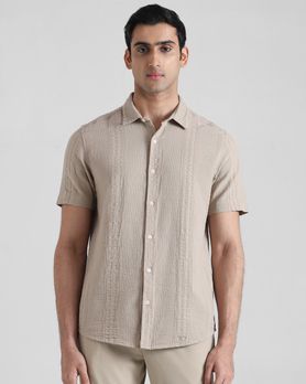 Beige Textured Plain  Slim Fit Casual Shirt