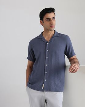 Blue Grey Textured Plain Relaxed Fit Casual Shirt