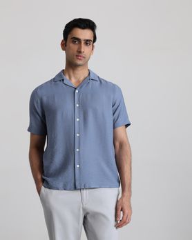 Blue Textured Plain Slim Fit Casual Shirt