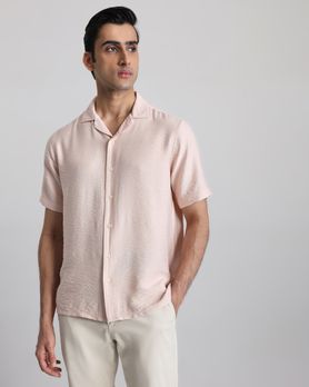 Peach Textured Plain Slim Fit Casual Shirt