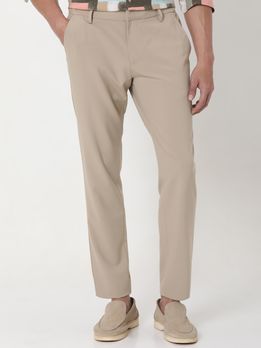 Beige Slim Fit Flat Front Pants
