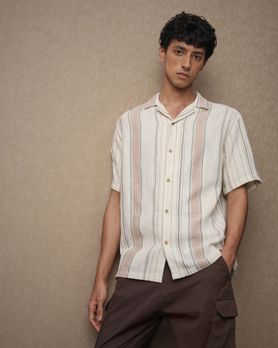 Off White Textured Stripe Loose Fit Casual Shirt