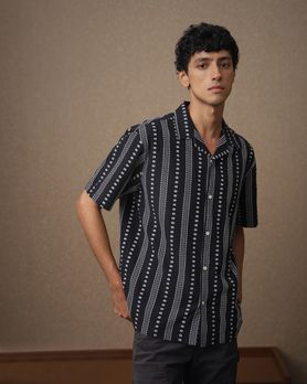 Black Dobby Stripe Loose Fit Casual Shirt