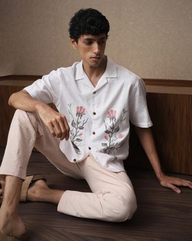 White Embroidered Dobby Loose Fit Casual Shirt
