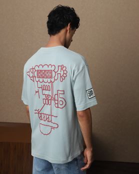 Blue Back Print Oversized Loose Fit T-Shirt