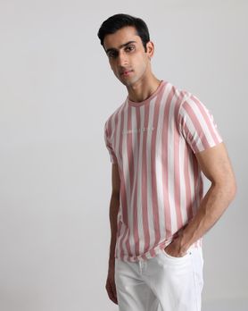 Pink Textured Stripe Slim Fit T-Shirt