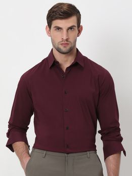 Maroon Stretch Plain Slim Fit Casual Shirt
