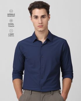Navy Scuba Stretch Plain Slim Fit Casual Shirt