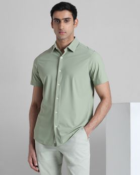 Sage Scuba Stretch Plain Slim Fit Casual Shirt