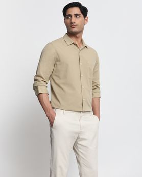 Beige Cotton Linen Plain Slim Fit Casual Shirt