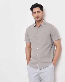 Light Grey Cotton Linen Plain Slim Fit Casual Shirt