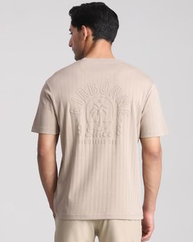 Beige Textured Graphic Regular Fit T-Shirt