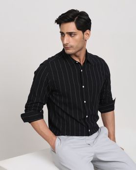 Black Cotton Linen Stripe Slim Fit Casual Shirt