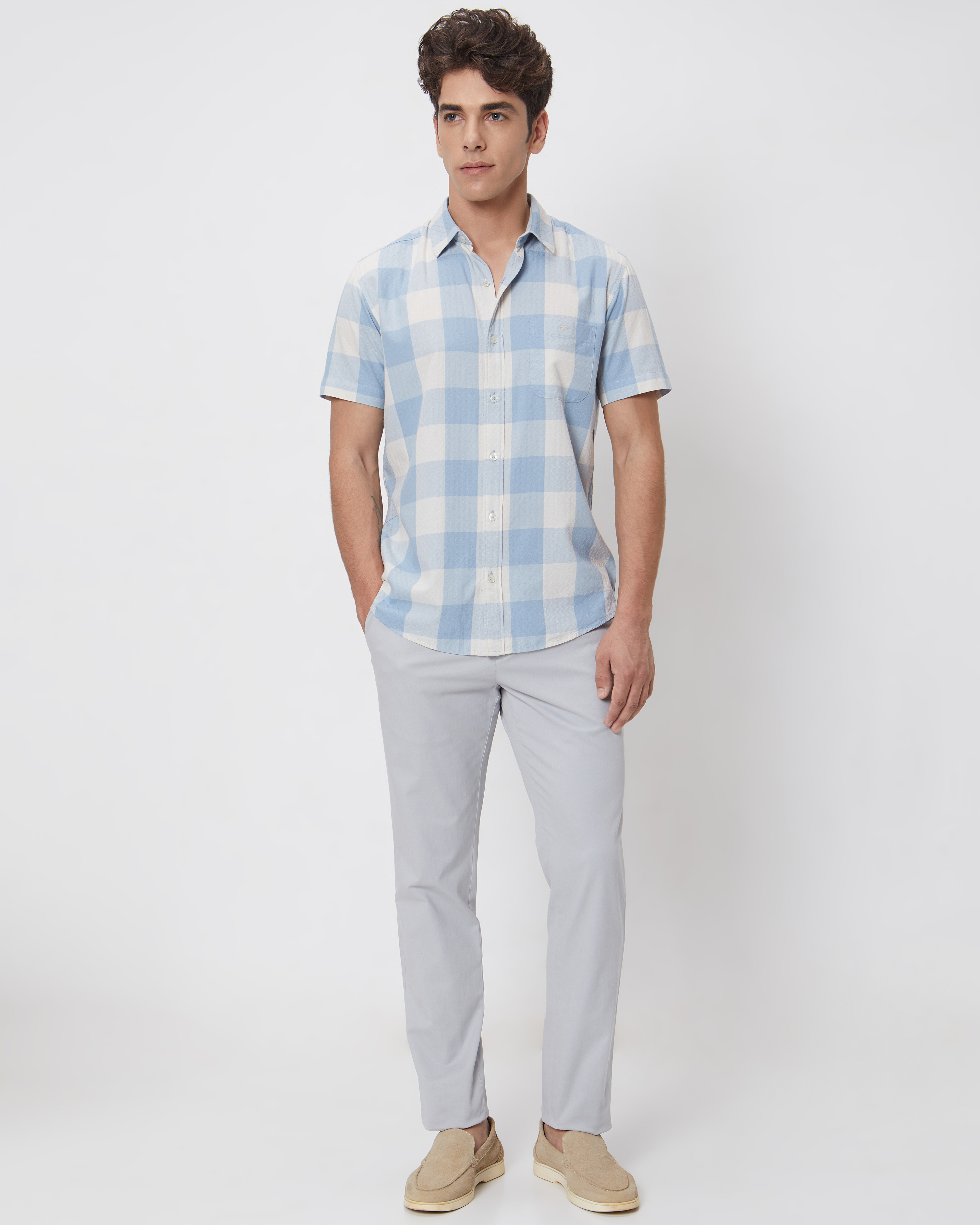 Buy Light Blue Square Check Slim Fit Casual Shirt Online at Muftijeans