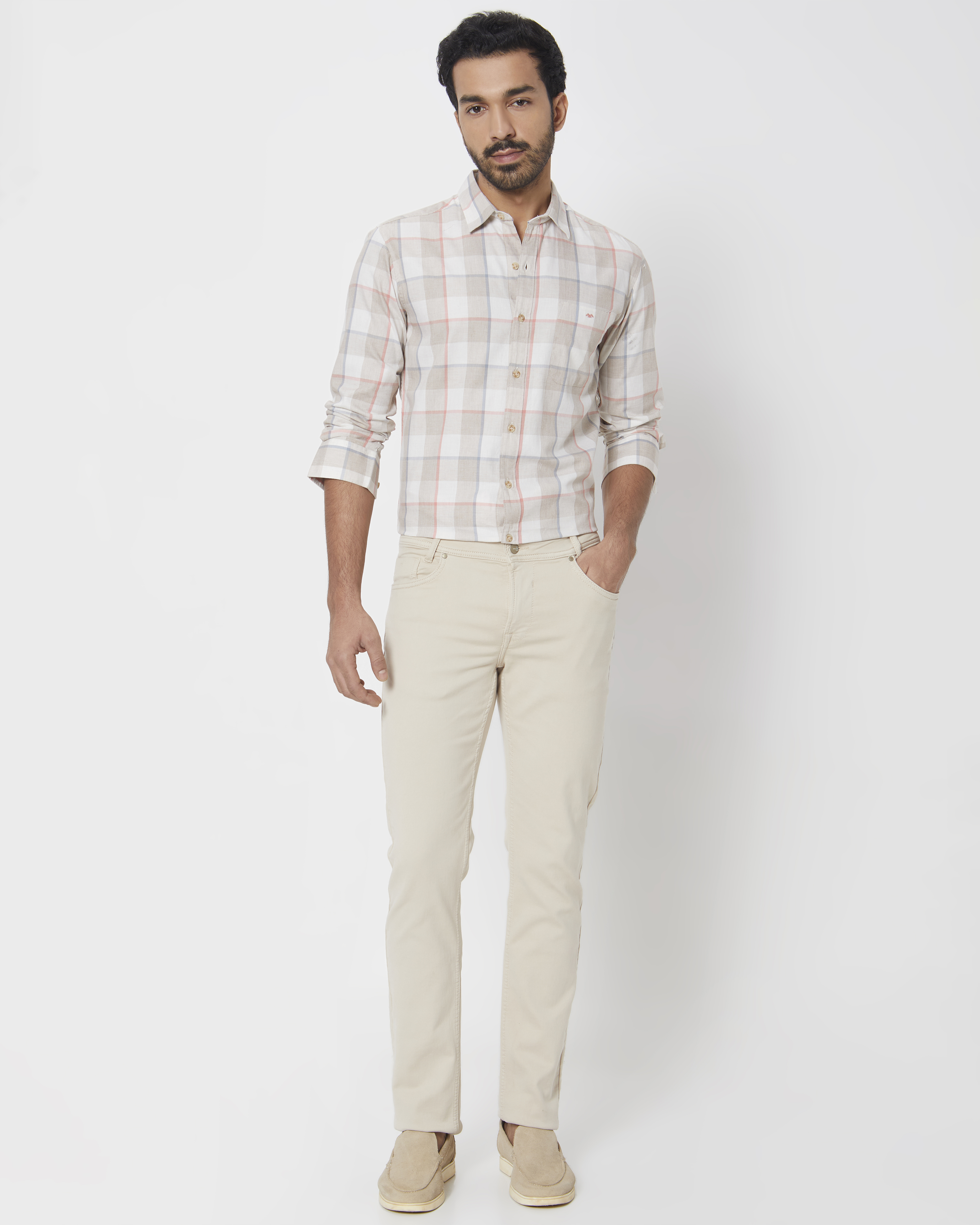 Light Khaki Large Check Slim Fit Casual Shirt