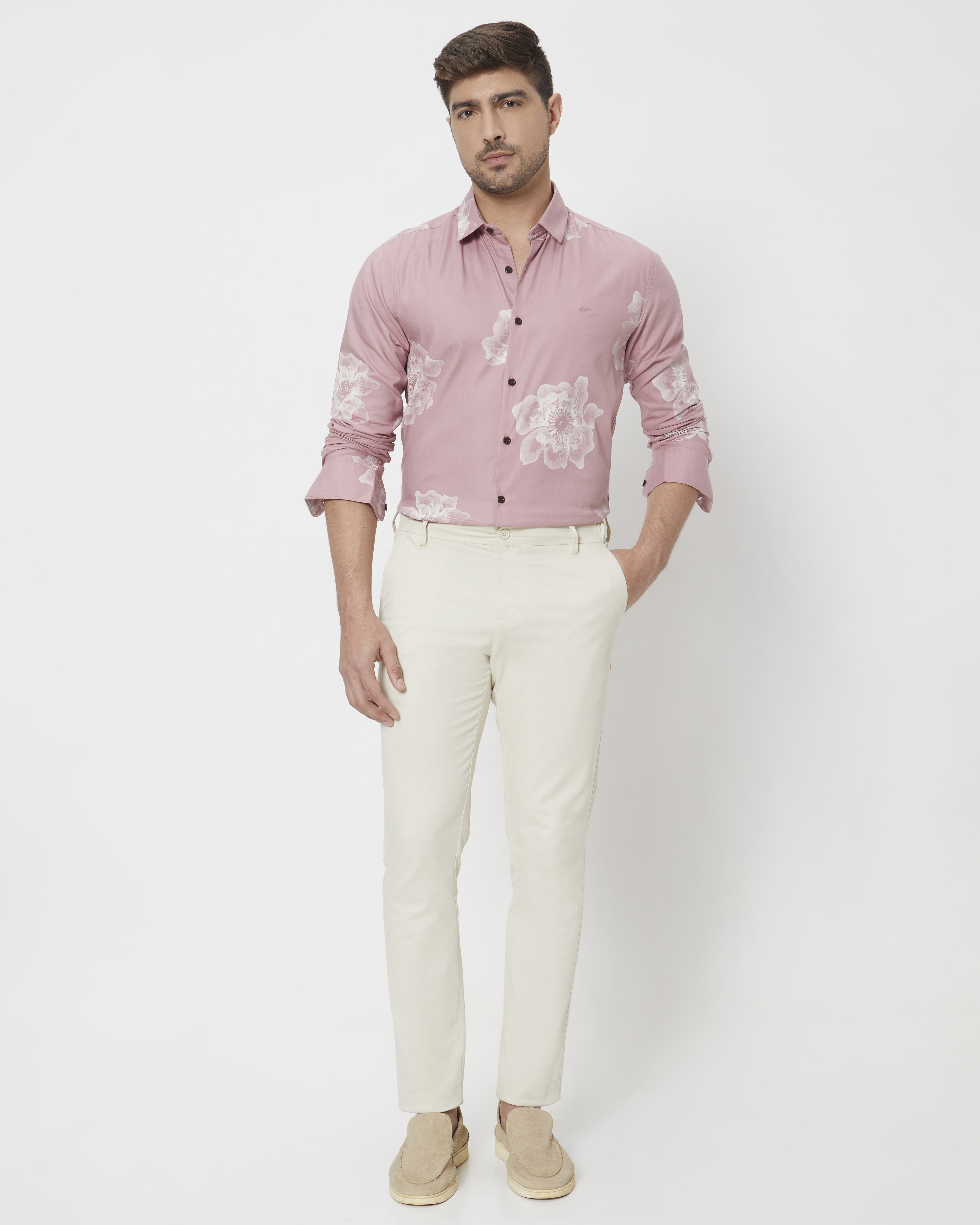 Pink Floral Print Slim Fit Casual Shirt