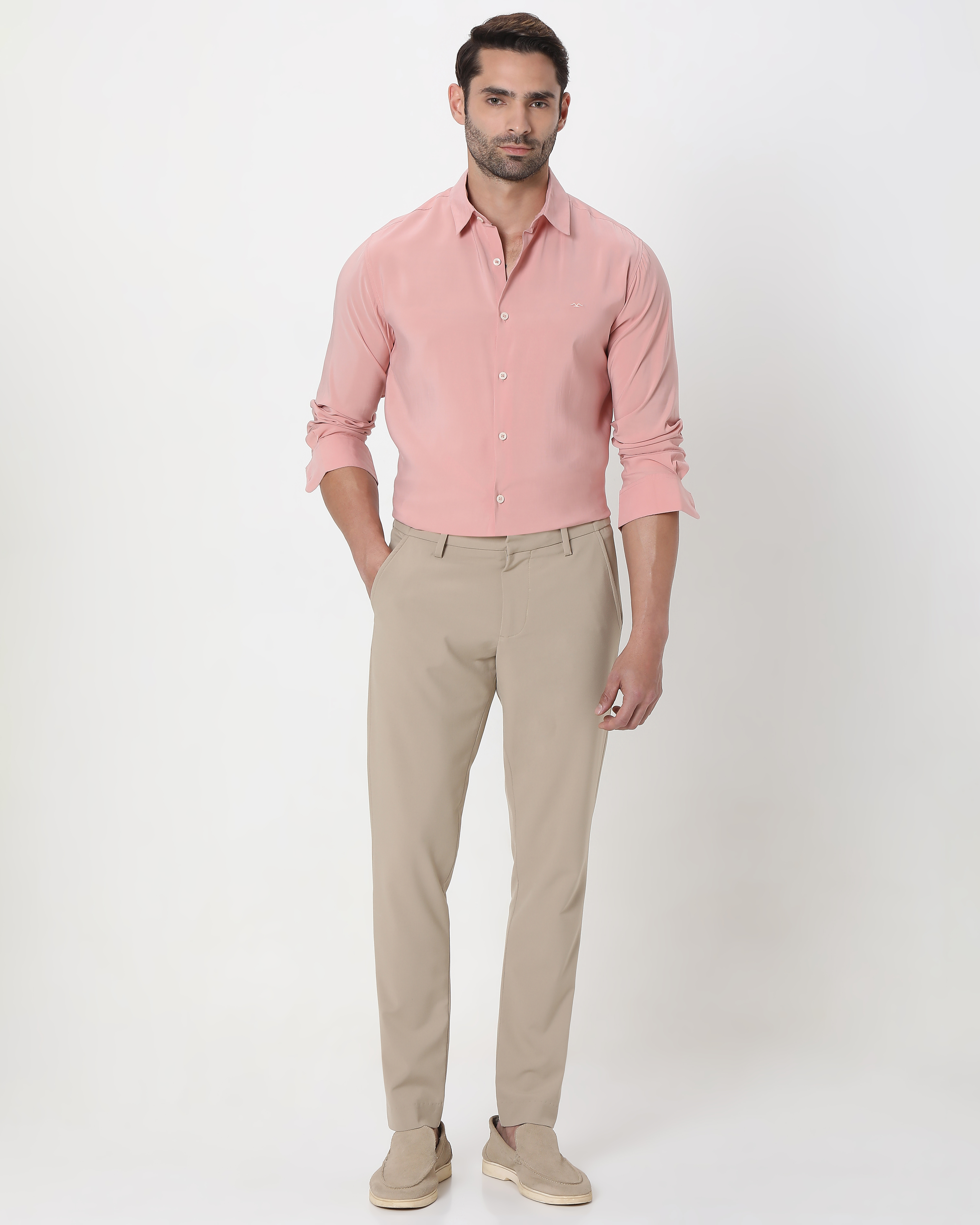 Pink Sandwashed Viscose Blend Slim Fit Casual Shirt